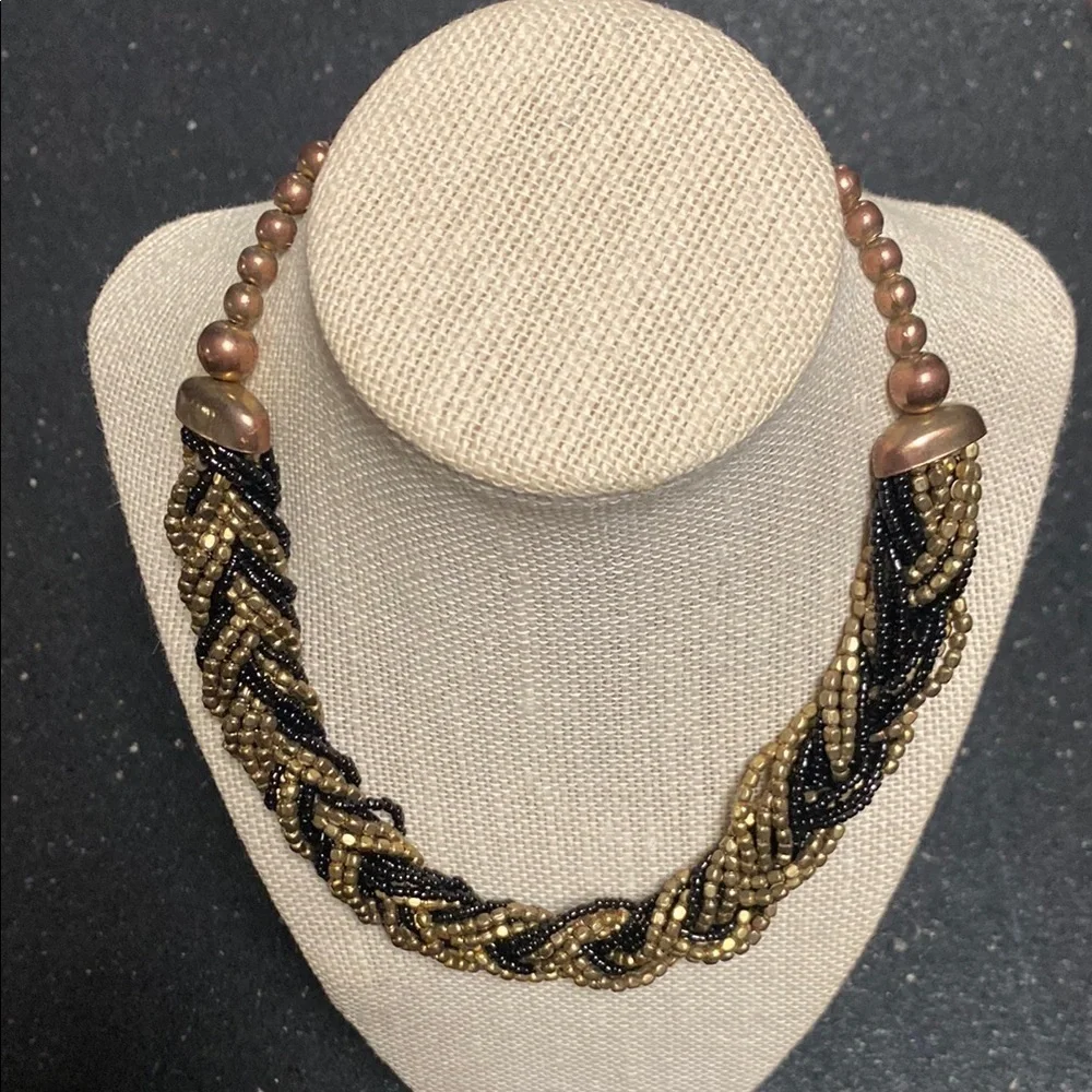 Vintage Twisted Beaded Necklace - Black &  Gold